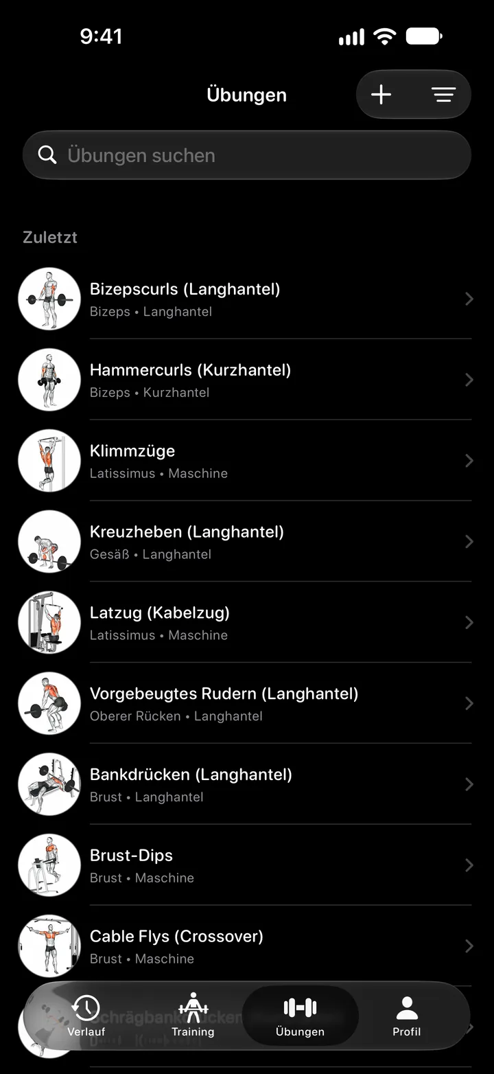 Übungsbibliothek mit Suche und einer Liste von Übungen mit Vorschaubildern und Muskelgruppen