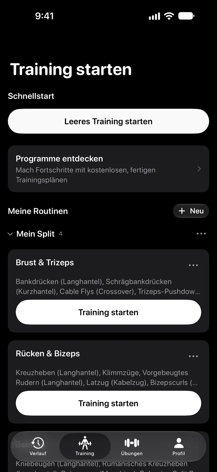 Bildschirm „Training starten“ mit Schnellstart und gesicherten Routinen