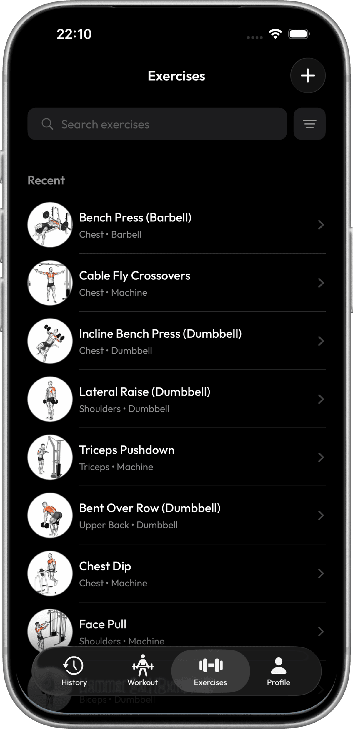 Exercise library showing search, muscle group filters, and scrollable list with thumbnails