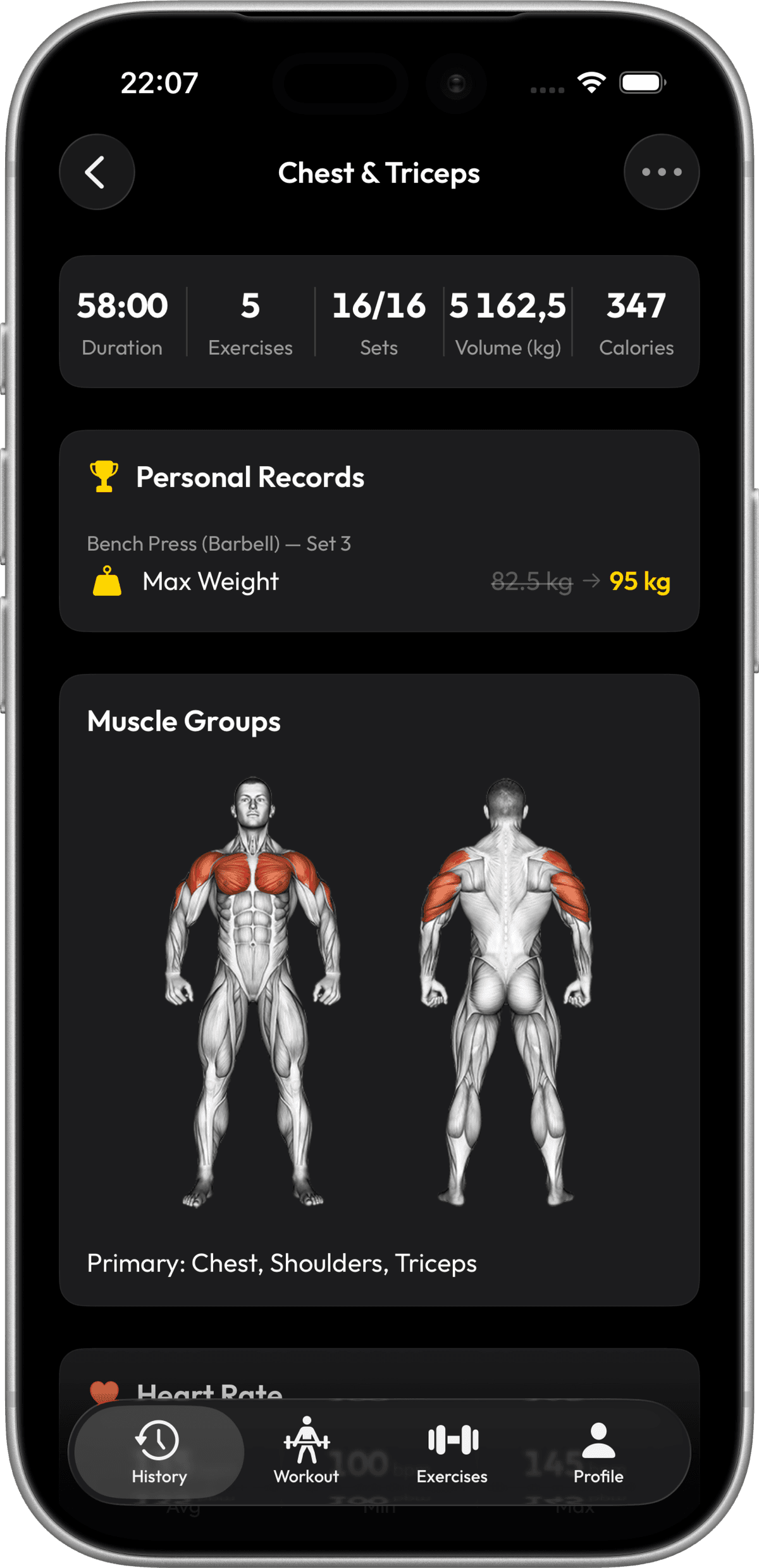 Workout summary showing exercises, sets, reps, and muscle group breakdown