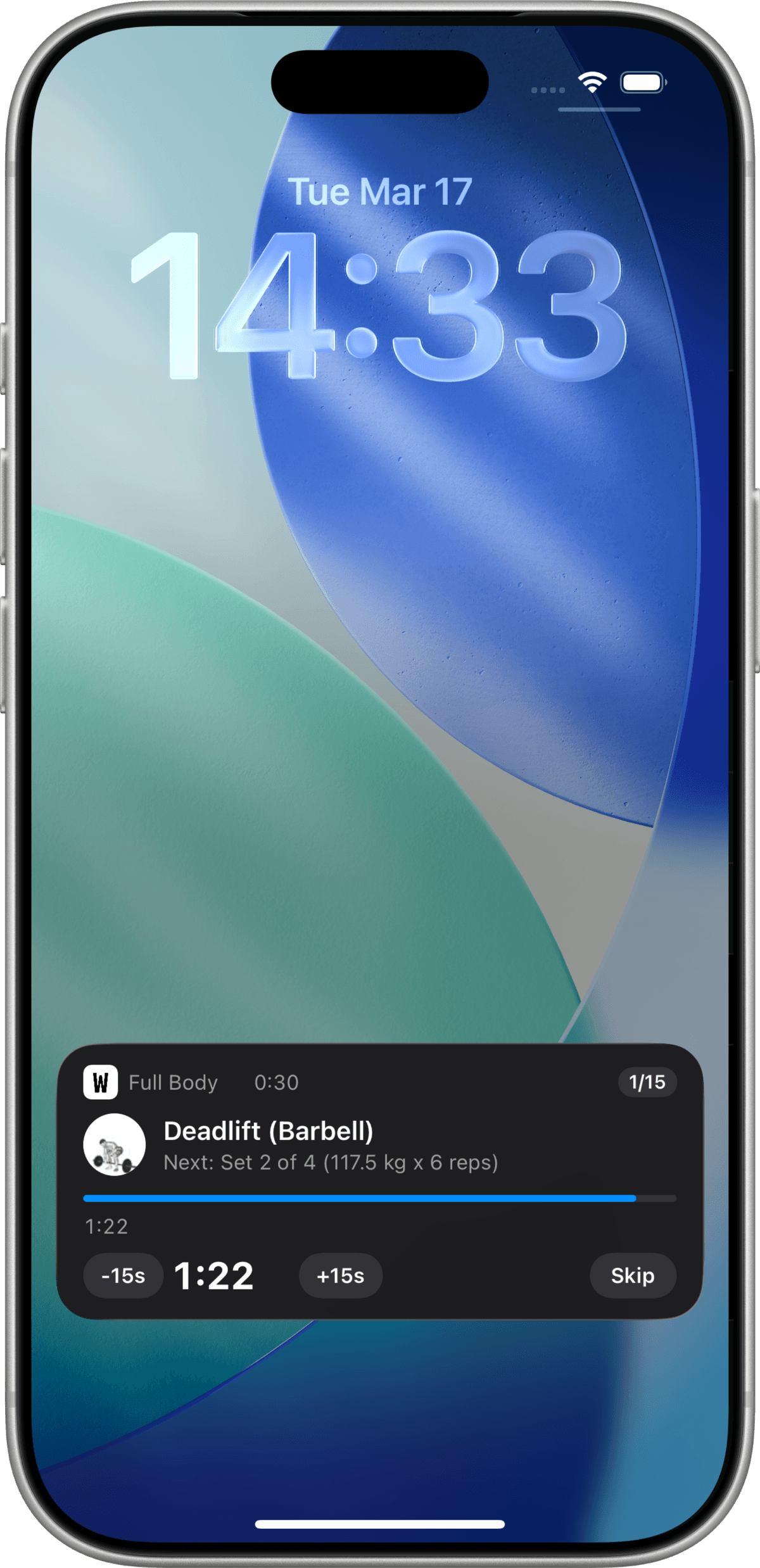 Lock Screen Live Activity showing rest timer countdown with skip and adjust controls