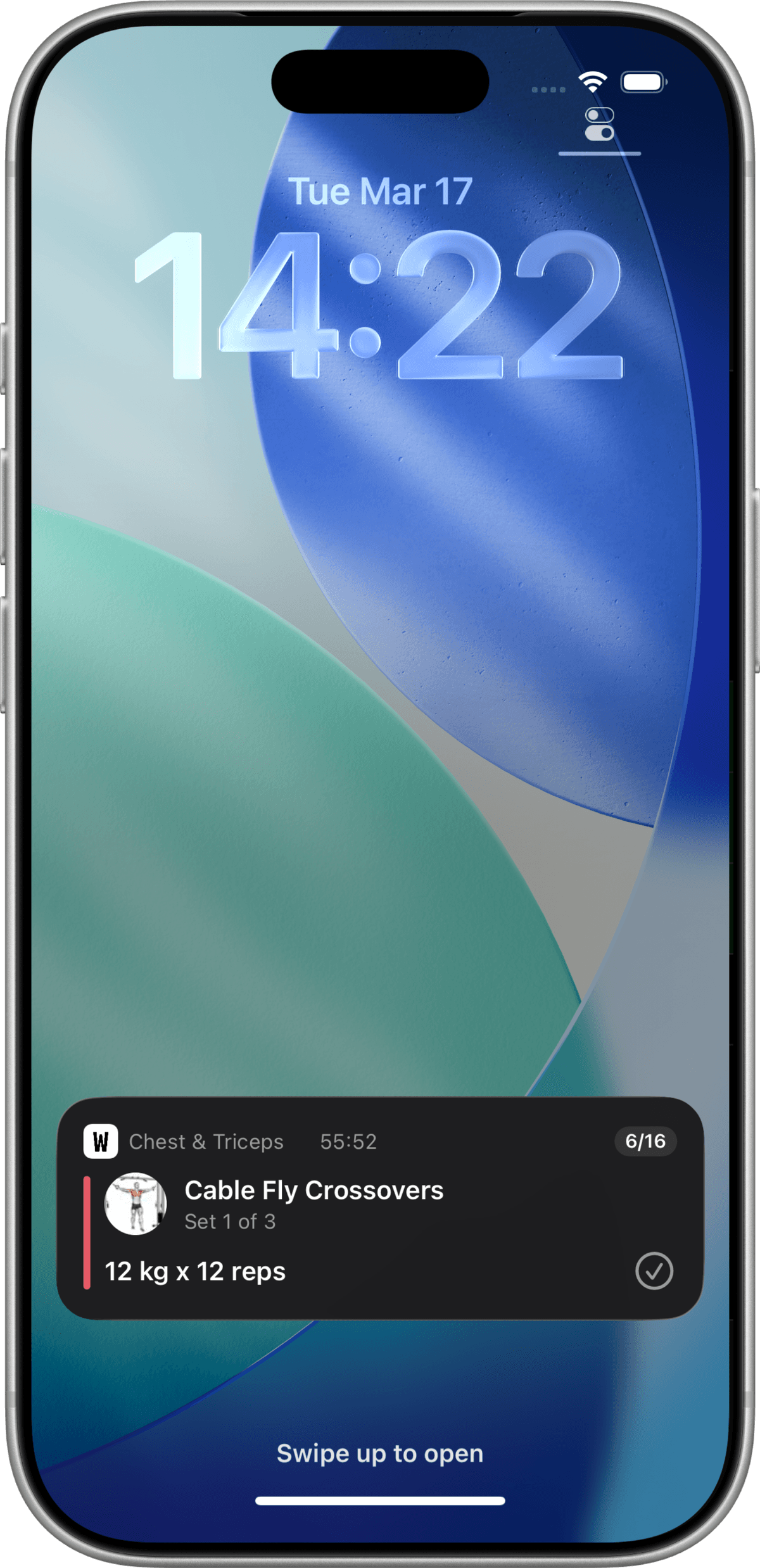 Lock Screen Live Activity showing current exercise, set count, and one-tap set completion