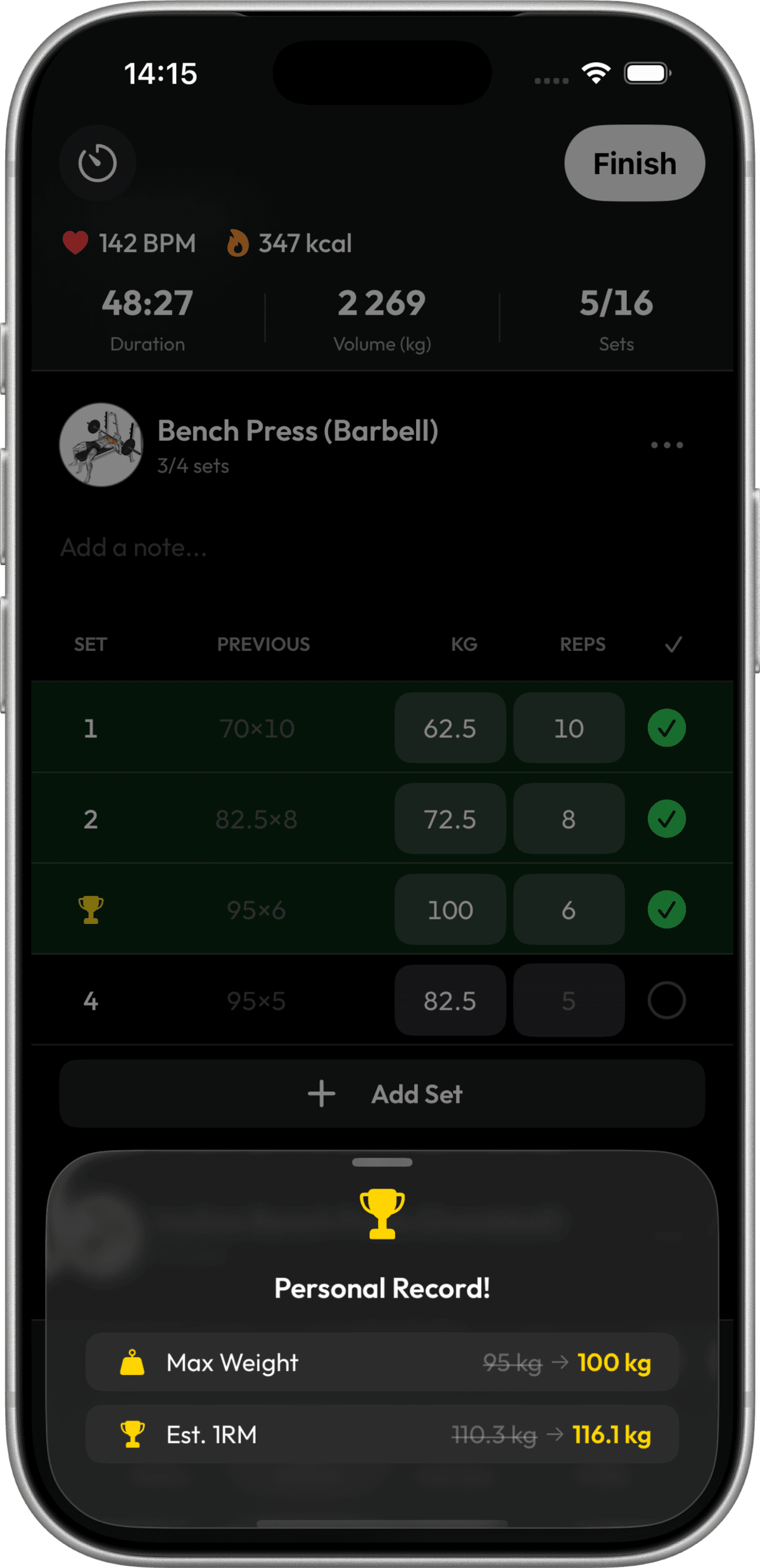 Active workout showing previous performance inline and a Personal Record notification