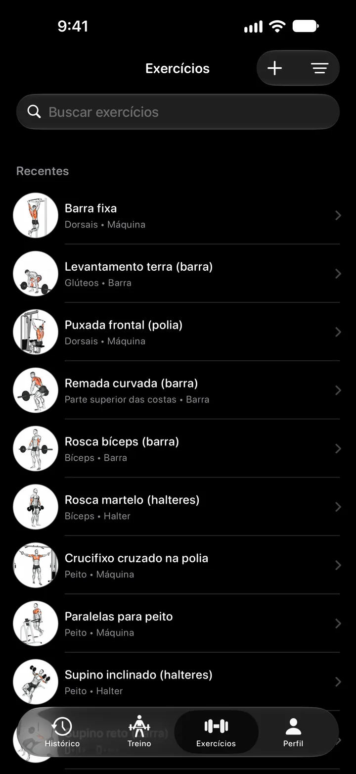 Biblioteca de exercícios com busca e uma lista de exercícios com miniaturas e grupos musculares