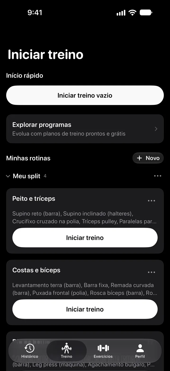 Tela Iniciar treino com Início rápido e rotinas salvas, como Peito e Tríceps e Costas e Bíceps