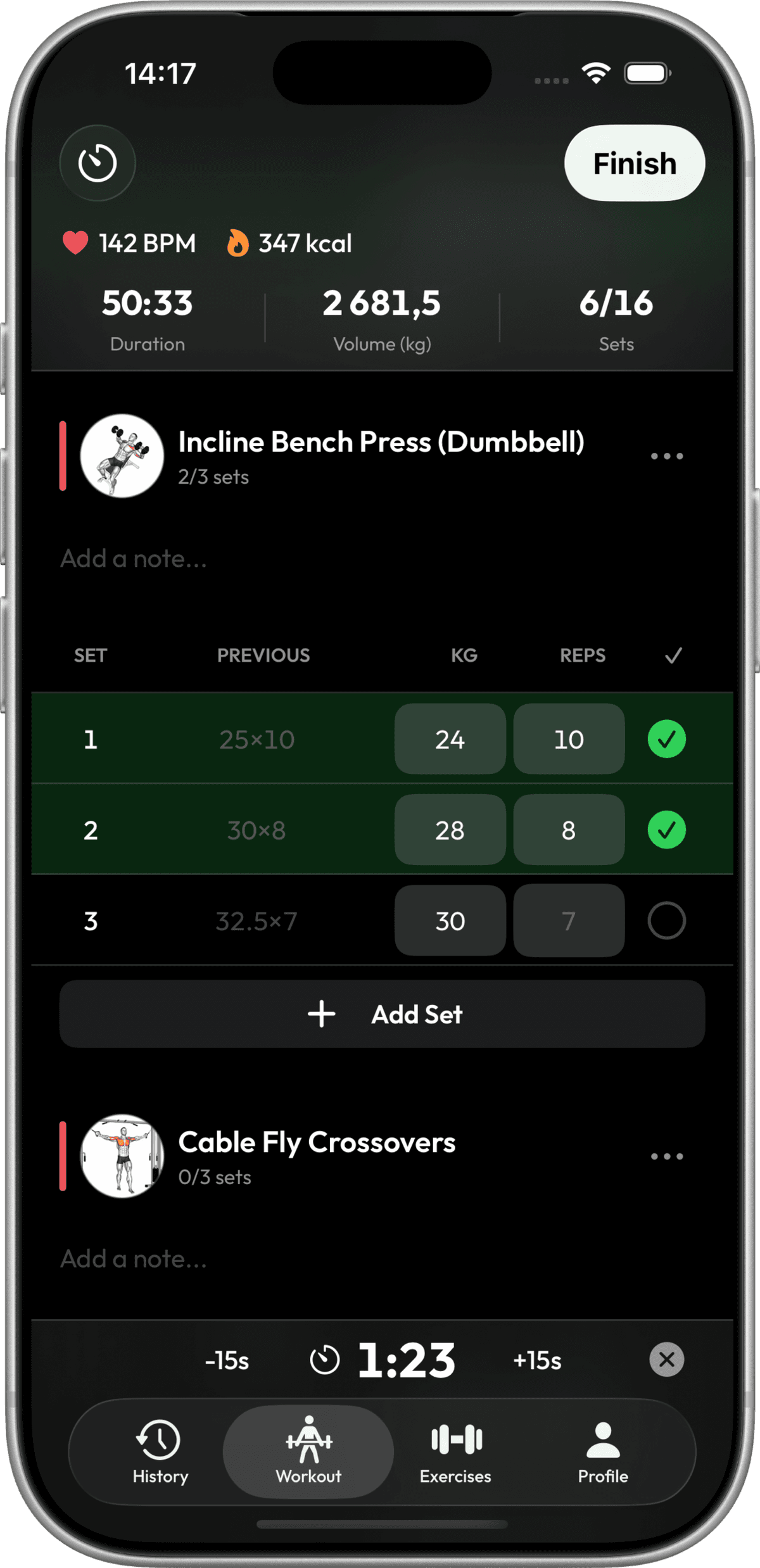 Active workout with rest timer countdown bar at the bottom showing 1:23 remaining