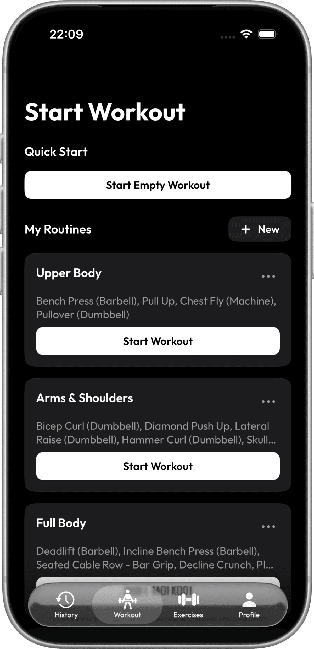 Start Workout screen with saved routines like Upper Body, Arms & Shoulders, and Full Body