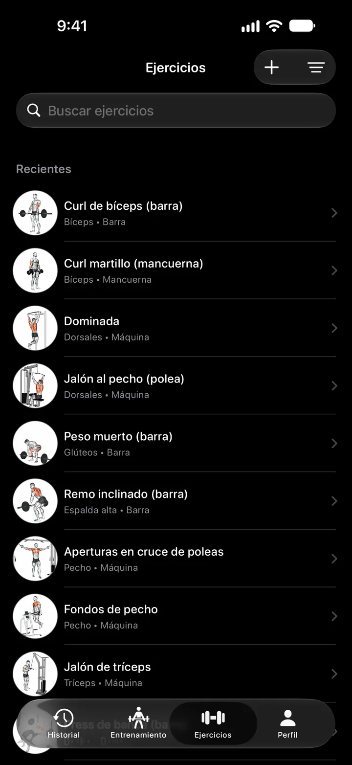 Biblioteca de ejercicios con búsqueda y una lista de ejercicios con miniaturas y grupos musculares