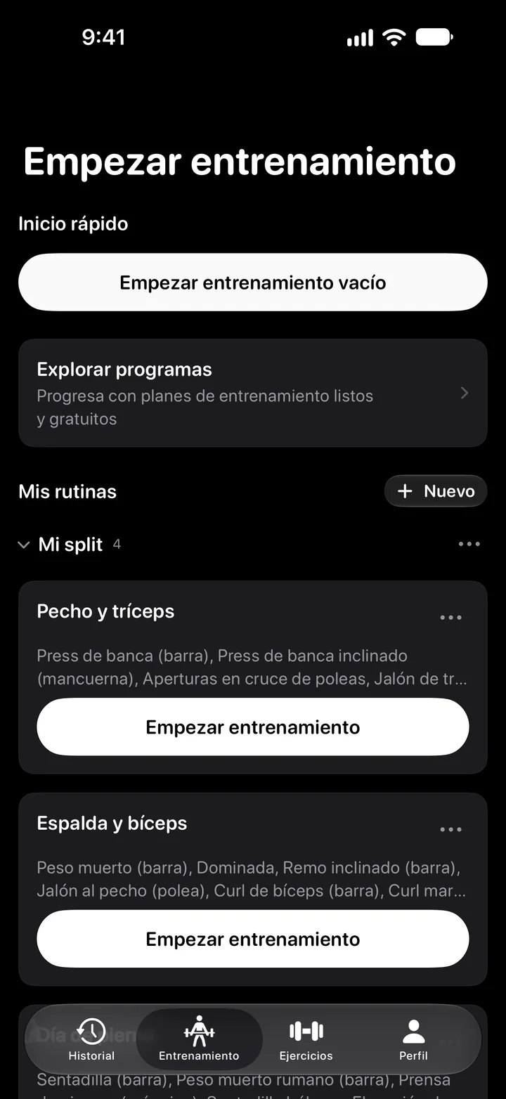 Pantalla Empezar entrenamiento con Inicio rápido y rutinas guardadas como Pecho y tríceps o Espalda y bíceps