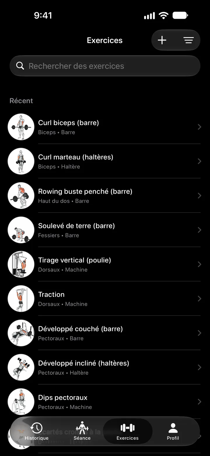 Bibliothèque d'exercices avec recherche et liste d'exercices avec miniatures et groupes musculaires