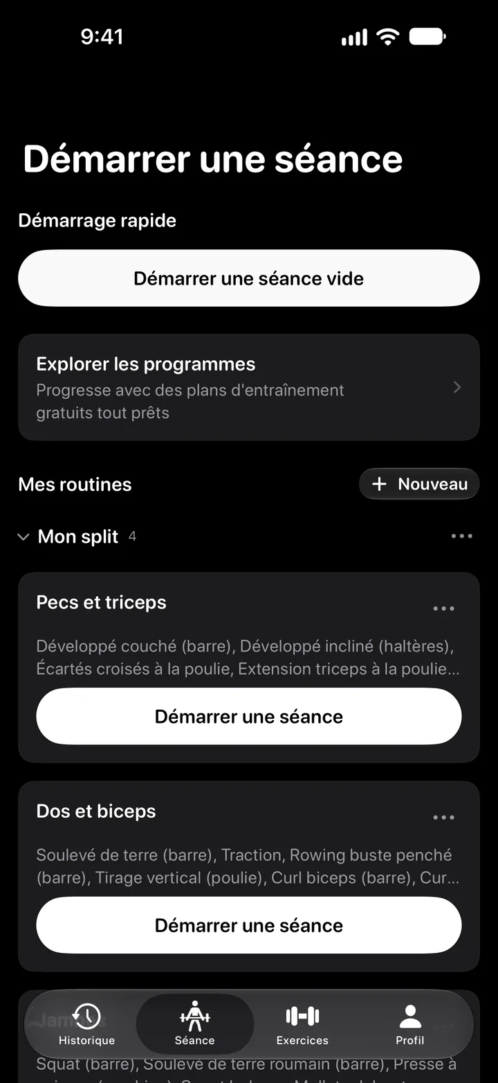 Écran « Démarrer une séance » avec le démarrage rapide et des routines enregistrées