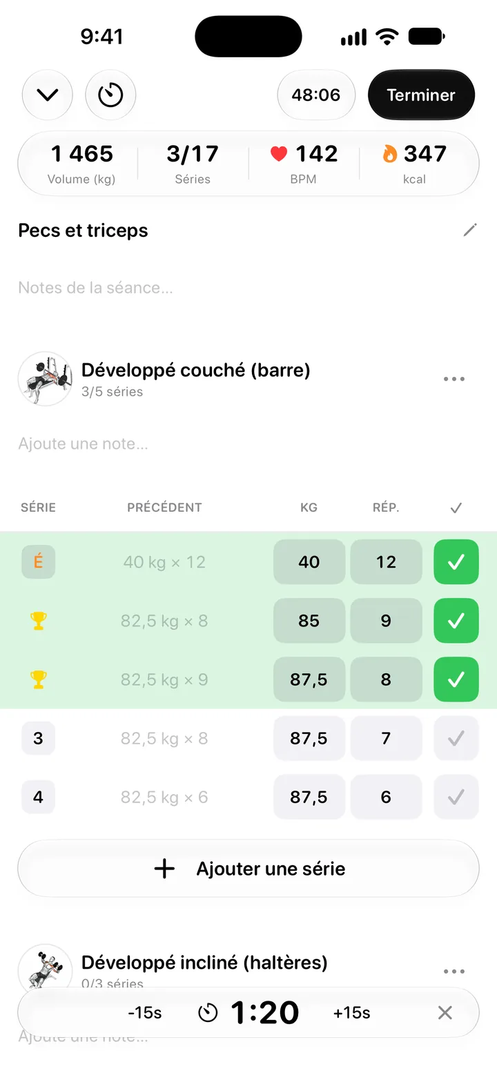 Séance en cours en mode clair avec le minuteur de repos qui décompte en bas de l'écran